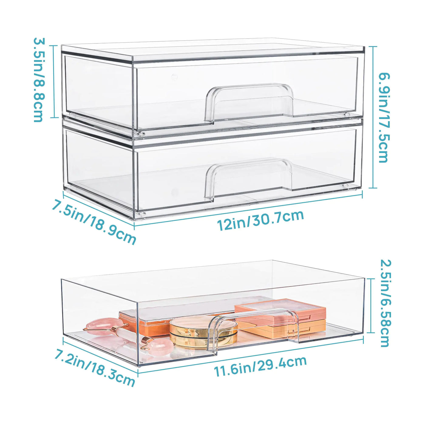 Vtopmart 12''W Clear Stackable Storage Drawers,4 Pack Acrylic Plastic Organizers Bins for Makeup Palettes, Cosmetics, and Beauty Supplies,Ideal for Vanity, Bathroom,Cabinet,Desk Organization 4