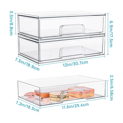 Vtopmart 12''W Clear Stackable Storage Drawers,4 Pack Acrylic Plastic Organizers Bins for Makeup Palettes, Cosmetics, and Beauty Supplies,Ideal for Vanity, Bathroom,Cabinet,Desk Organization 4