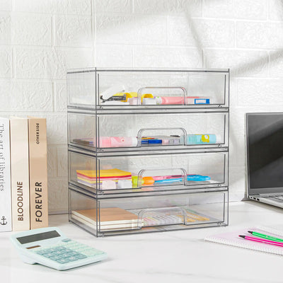 Vtopmart 12''W Clear Stackable Storage Drawers,4 Pack Acrylic Plastic Organizers Bins for Makeup Palettes, Cosmetics, and Beauty Supplies,Ideal for Vanity, Bathroom,Cabinet,Desk Organization 4