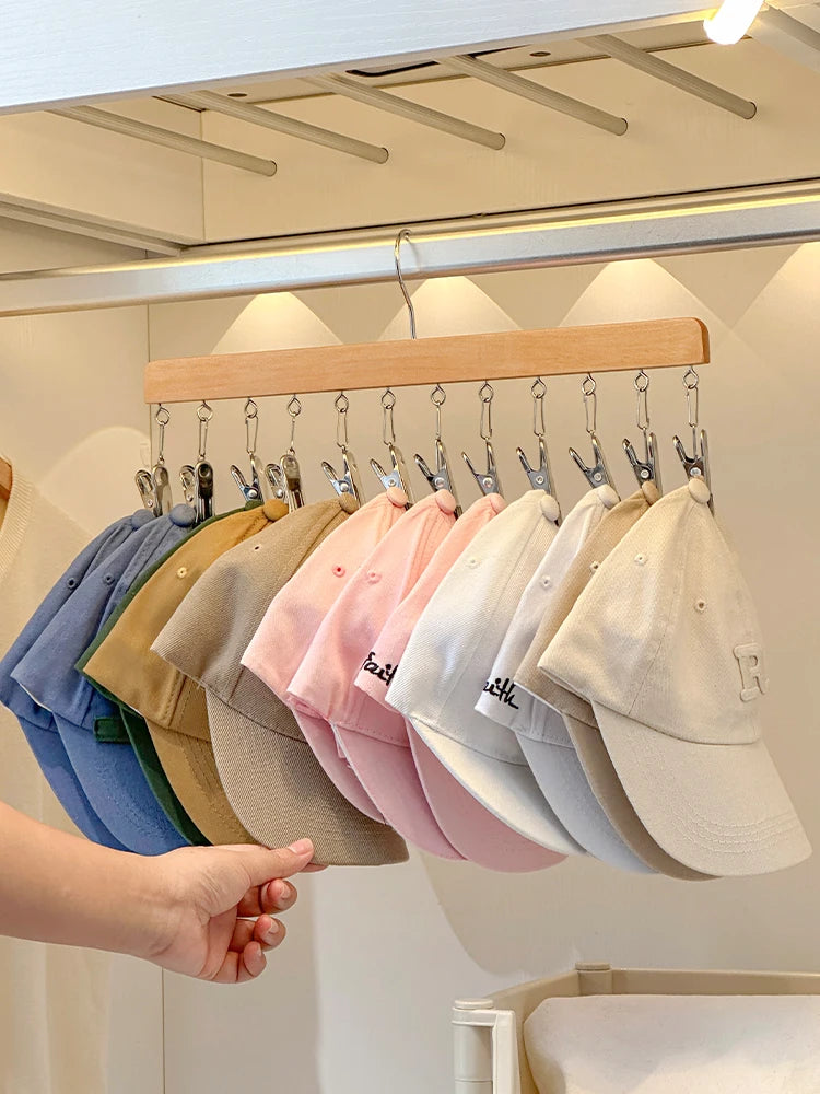 12 Clips Houten Hoed Opberghanger Voor Baseballpetten Sokken Opbergrek Pasgeboren Kleerhangers Hoed Organizer