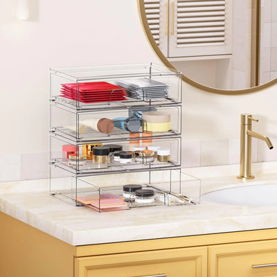 Vtopmart 12''W Clear Stackable Storage Drawers,4 Pack Acrylic Plastic Organizers Bins for Makeup Palettes, Cosmetics, and Beauty Supplies,Ideal for Vanity, Bathroom,Cabinet,Desk Organization 4