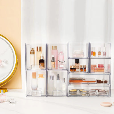 Vtopmart 12''W Clear Stackable Storage Drawers,4 Pack Acrylic Plastic Organizers Bins for Makeup Palettes, Cosmetics, and Beauty Supplies,Ideal for Vanity, Bathroom,Cabinet,Desk Organization 4