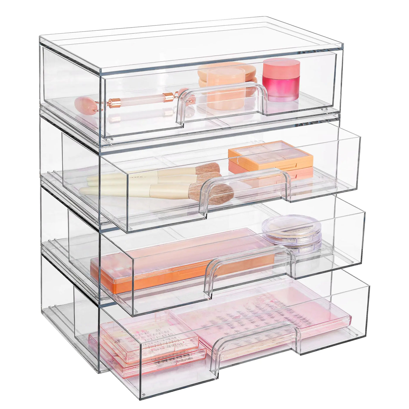 Vtopmart 12''W Clear Stackable Storage Drawers,4 Pack Acrylic Plastic Organizers Bins for Makeup Palettes, Cosmetics, and Beauty Supplies,Ideal for Vanity, Bathroom,Cabinet,Desk Organization 4